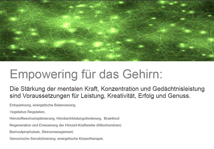 Empowering für das Gehirn: Die Stärkung der mentalen Kraft, Konzentration und Gedächtnisleistung sind Voraussetzungen für Leistung, Kreativität, Erfolg und Genuss. Entspannung, energetische Balancierung, Vegetative Regulation, Hirnstoffwechseloptimierung, Hirndurchblutungsförderung,  Brainfood, Regeneration und Erneuerung der Hirnzell-Kraftwerke (Mitochondrien), Burnoutprophylaxe, Stressmanagement, Sensorische Sensibilisierung, energetische Körpertherapie.